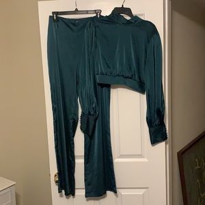 Nasty Gal Emerald Green Satin-y Two Piece Set